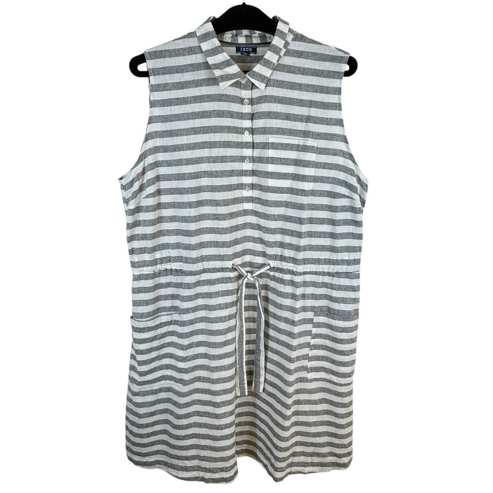 Izod Gray White Striped Linen Cotton Sleeveless Collared Knee Length Dress XXL